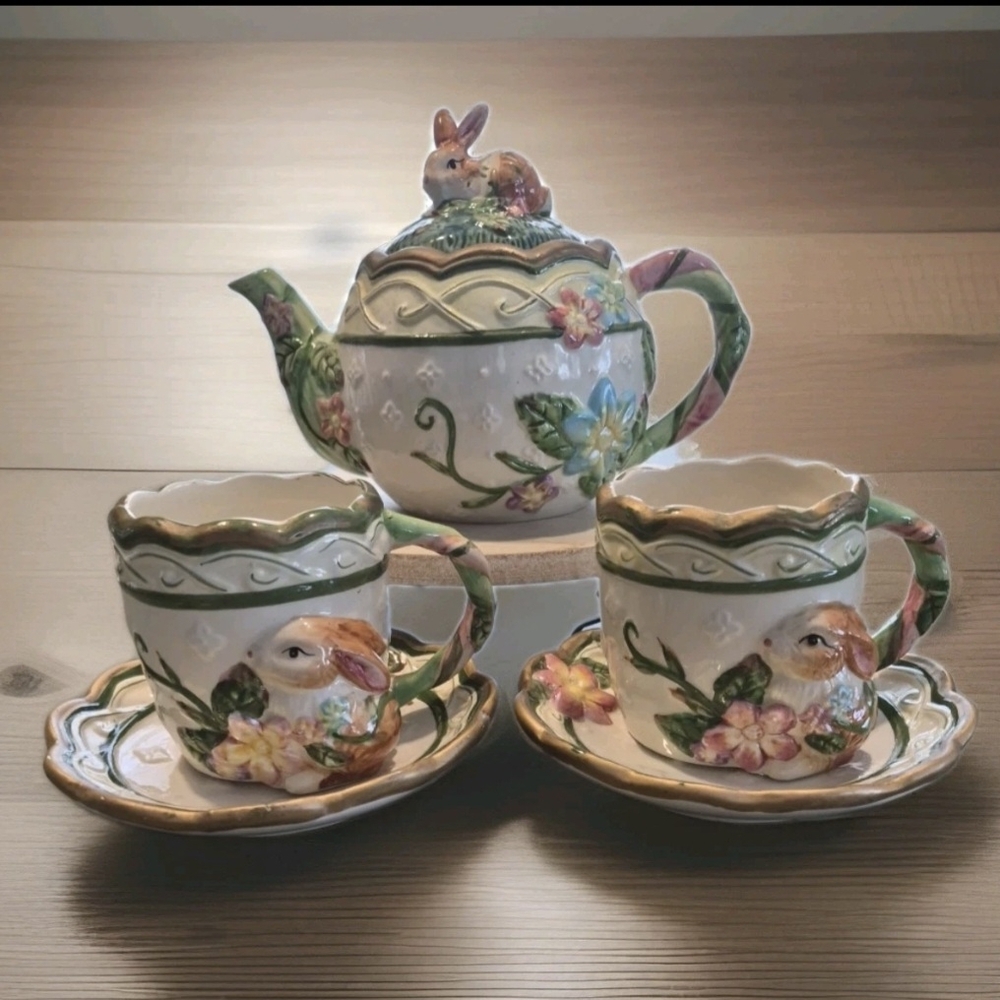 Easter Bunnies Hand-Painted Porcelain  Bunny Tea Set 3-Pc Serveware